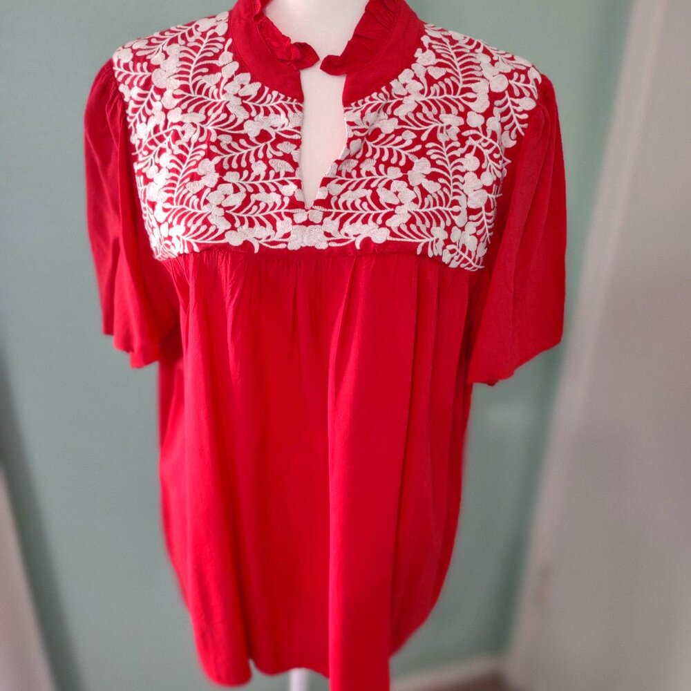 LayerZ Clothing Brand Honey Top Red Embroidered Blouse Size L